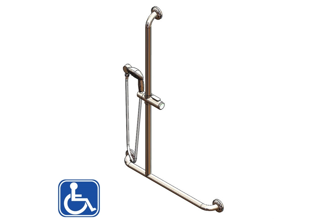 Chrome Hand Held Shower and Smooth Hose with Left Hand Inverted T Stainless Steel Grab Rail