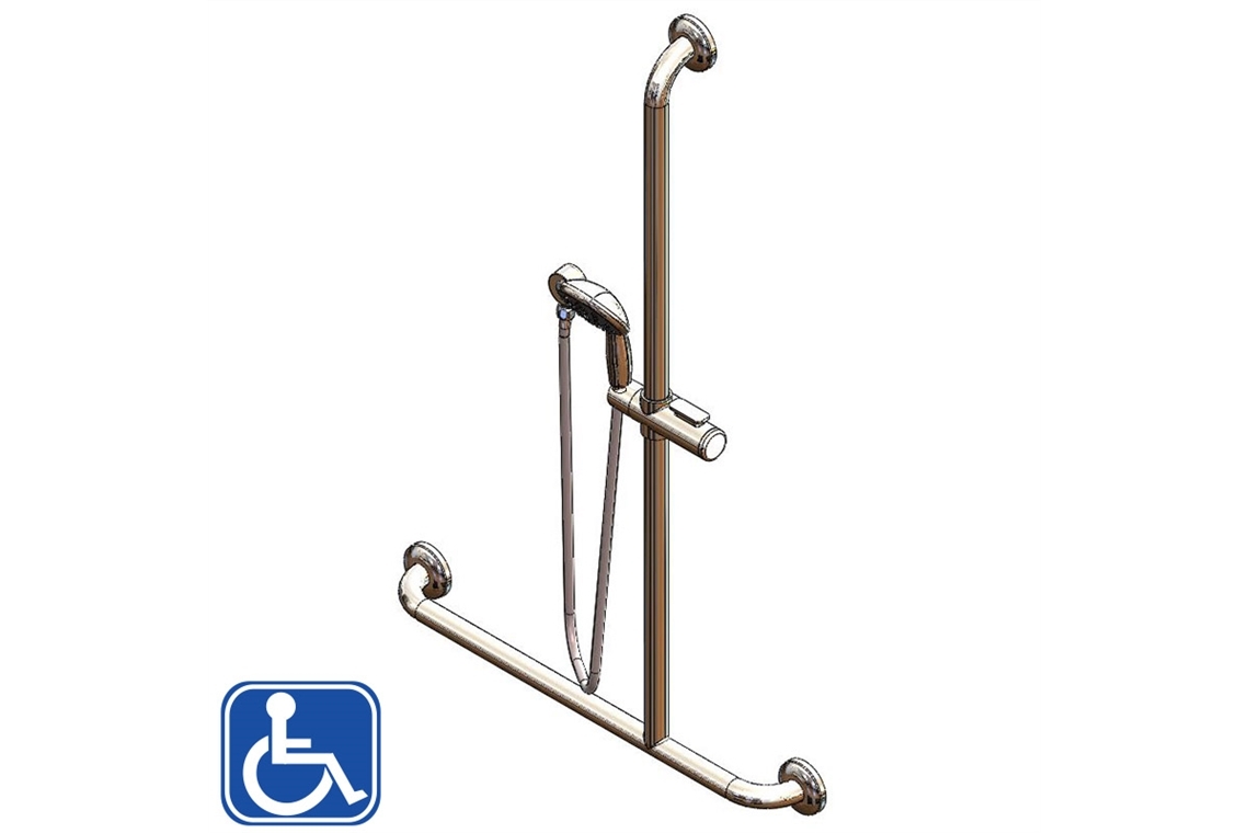 Chrome Hand Held Shower and Smooth Hose with Right Hand Inverted T Stainless Steel Grab Rail