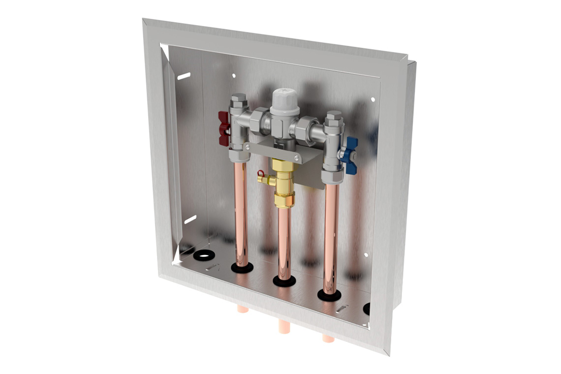 Aquablend 1000 Thermostatic Mixing Valve - 350x350 SS cabinet - HW/CW/WW pipes at bottom