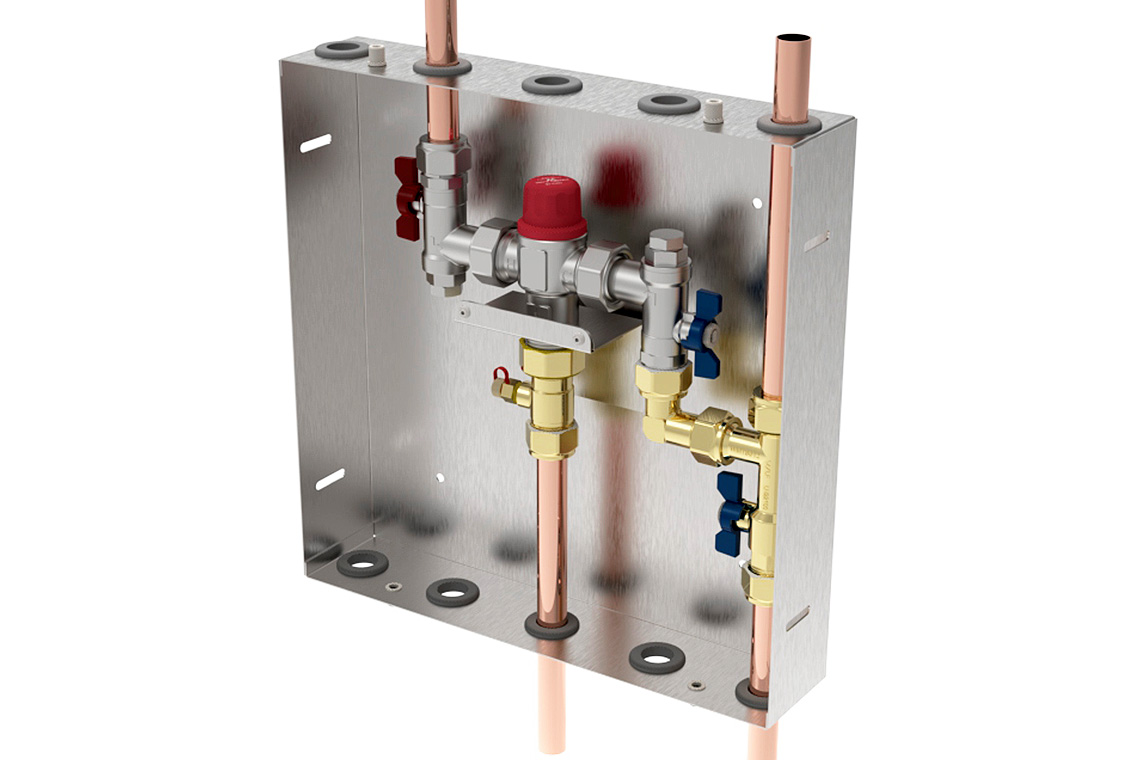Aquablend: 1500 TMV - Lift Lever Thermal Flush - 350x350 SS cabinet - HW/CW Inlets at Top BYPASS/WW Pipes at Bottom - No Lid