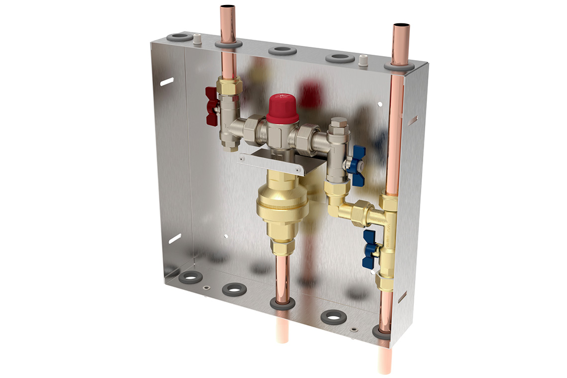 Aquablend: 1500 TMV - Lift Lever Thermal Flush - 350x350 SS Cabinet - HW/CW Inlets at Top BYPASS/WW Pipes at Bottom - Smartflow - No Lid