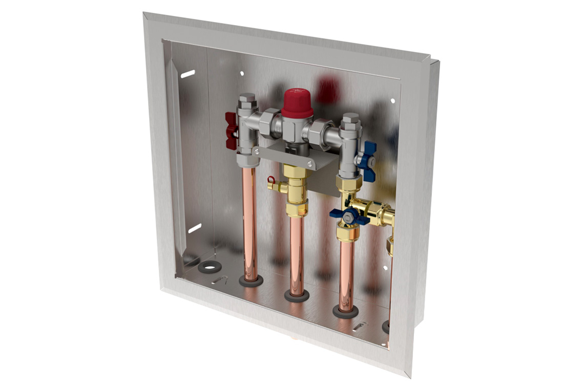Aquablend 1500 TMV - Lift Lever Thermal Flush -350x350 SS  cabinet - HW/CW/CW BYPASS/WW pipes at bottom