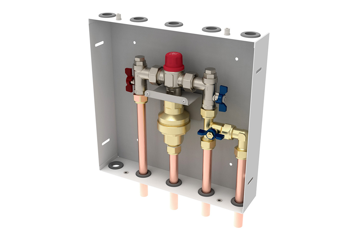 Aquablend 1500 TMV - Lift Lever Thermal Flush -350x350 SS Cabinet - HW/CW/CW BYPASS/WW pipes at bottom-Smartflow - No Lid