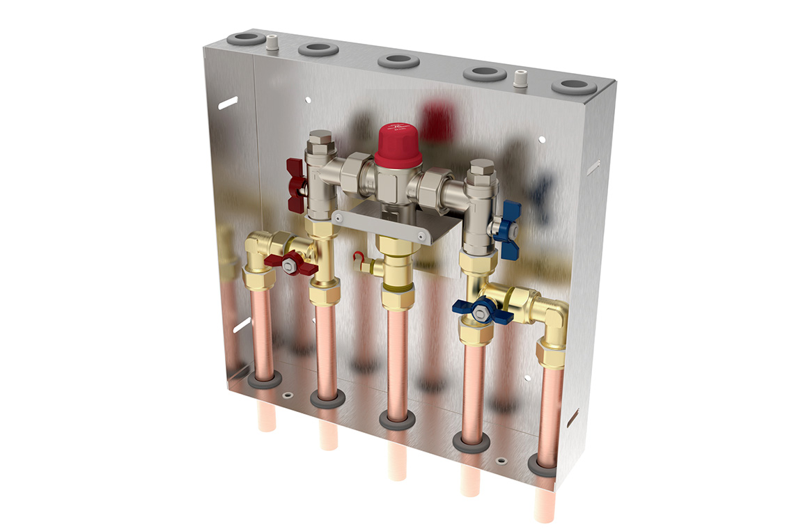 Aquablend: 1500 TMV - Lift Lever Thermal Flush -350x350 SS Cabinet - HW/CW/CW + HW BYPASS/WW Pipes at Bottom - No Lid