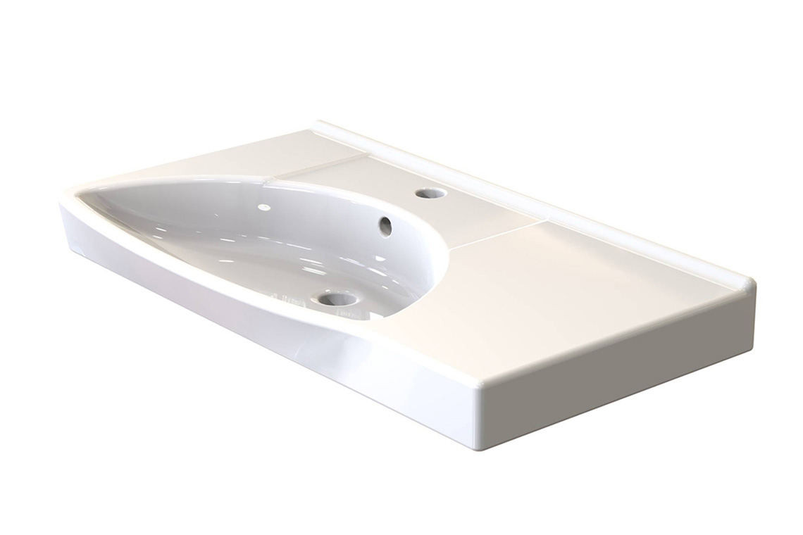 Lutana: Basin 770 - Left Hand Bowl with integrated shelf (No TH, No O/F; 1 TH, 1 O/F; 1 TH, 1 O/F; 1 TH, No O/F; 3 TH,1 O/F; 3 TH, No OF)