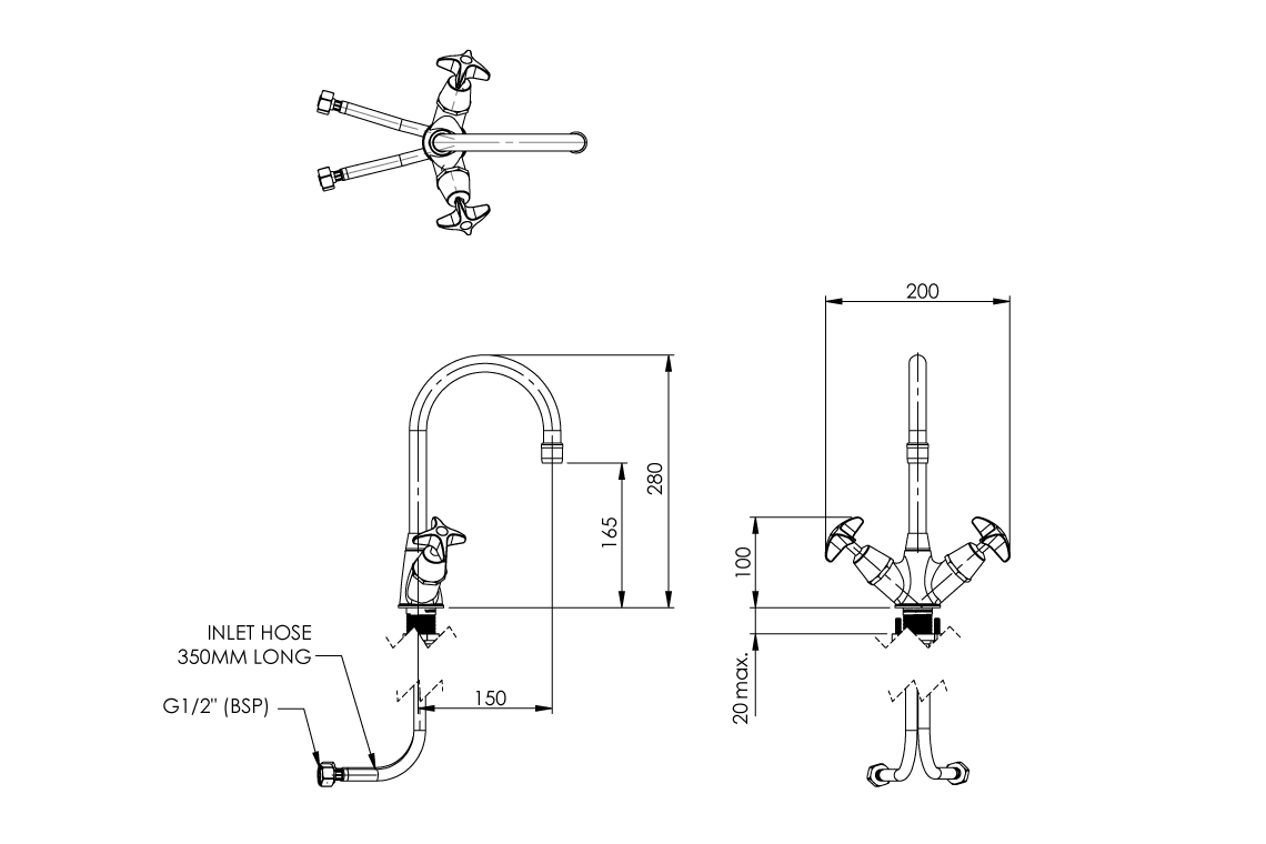 School Pattern Dual Mixer with SP020 Curved Swivel Spout - Jumper Valve